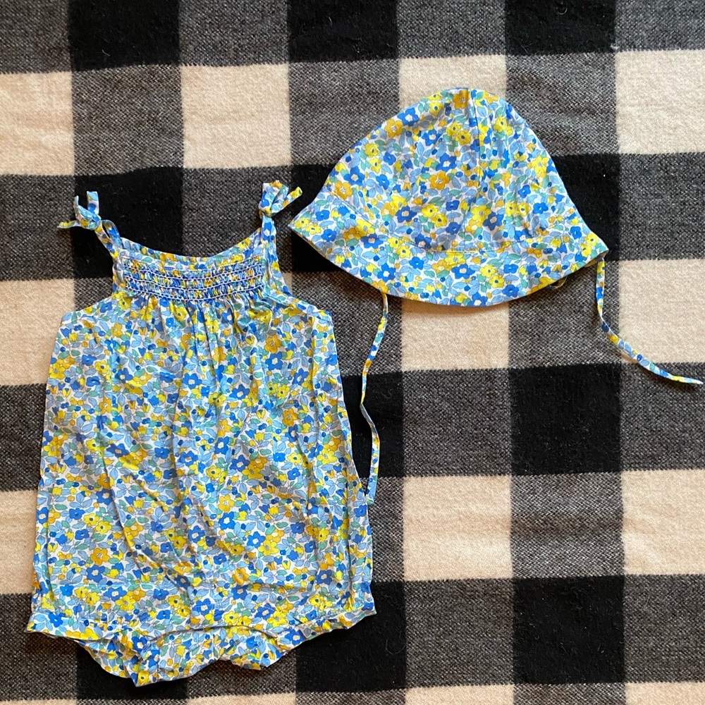 EUC Jacadi Liberty-print Romper & Matching Hat, 12months